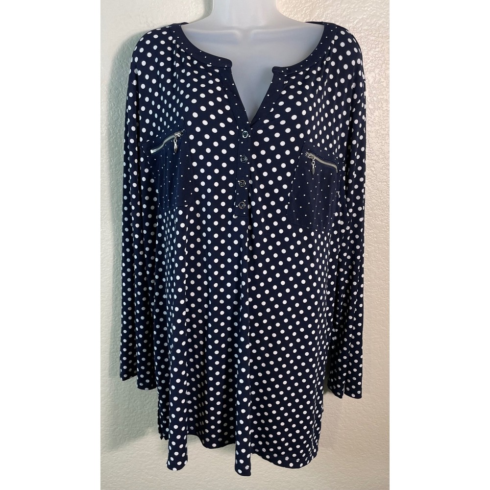 Susan Graver Womens 3X Tunic Top Navy Blue Polka Dot Zipper Pocket Liquid Knit